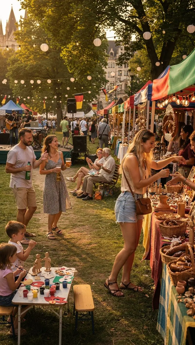 Junge Reisende beim Picknick im Park vor einem historischen deutschen Schloss