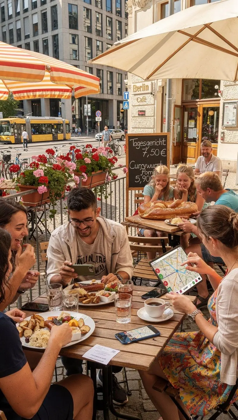 Gruppe von Freunden genießt eine Stadtführung mit kostengünstigen Eintrittskarten