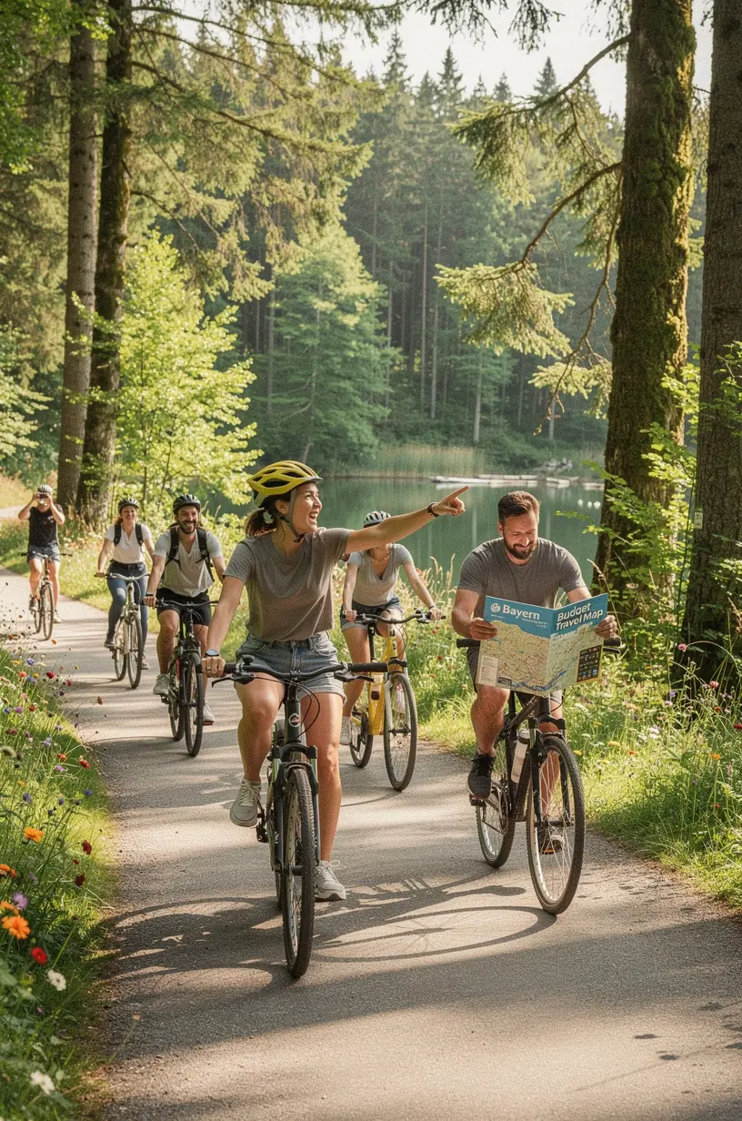 Zugreisende Familie mit Rucksäcken beim Einsteigen in einen Regionalzug